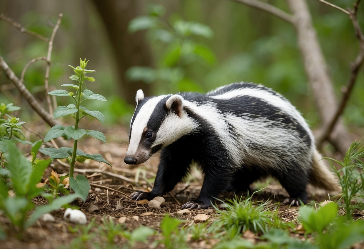 A badger foraging for food in a woodland setting, surrounded by various plants and small animals
