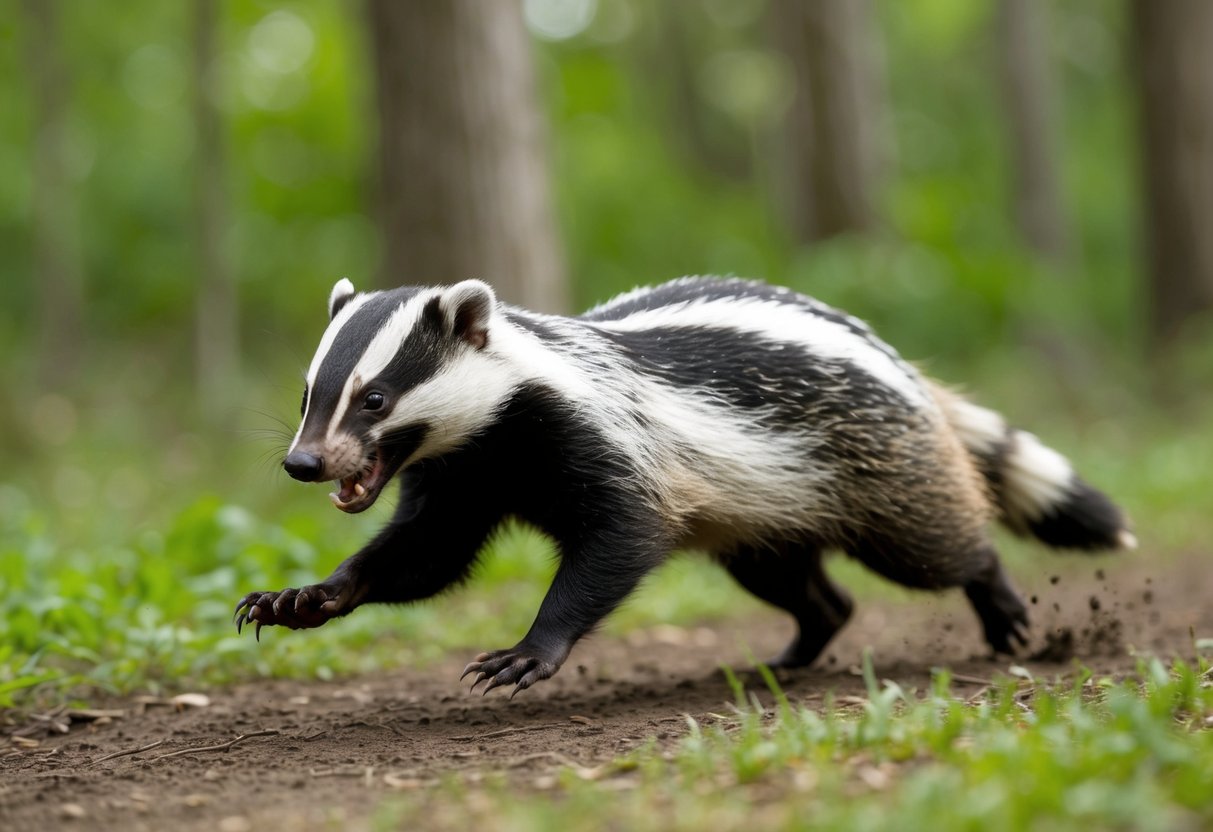A badger sprinting through a forest, claws digging into the ground, teeth bared in pursuit