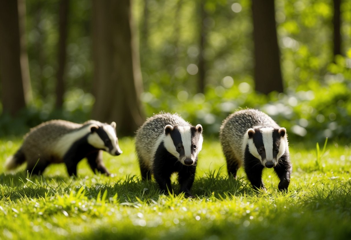 A group of badgers roam through a lush forest, their fur glistening in the sunlight as they forage for food