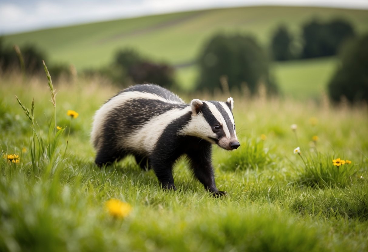A badger roams the UK countryside, its fur sleek and its eyes alert, surrounded by lush greenery and rolling hills