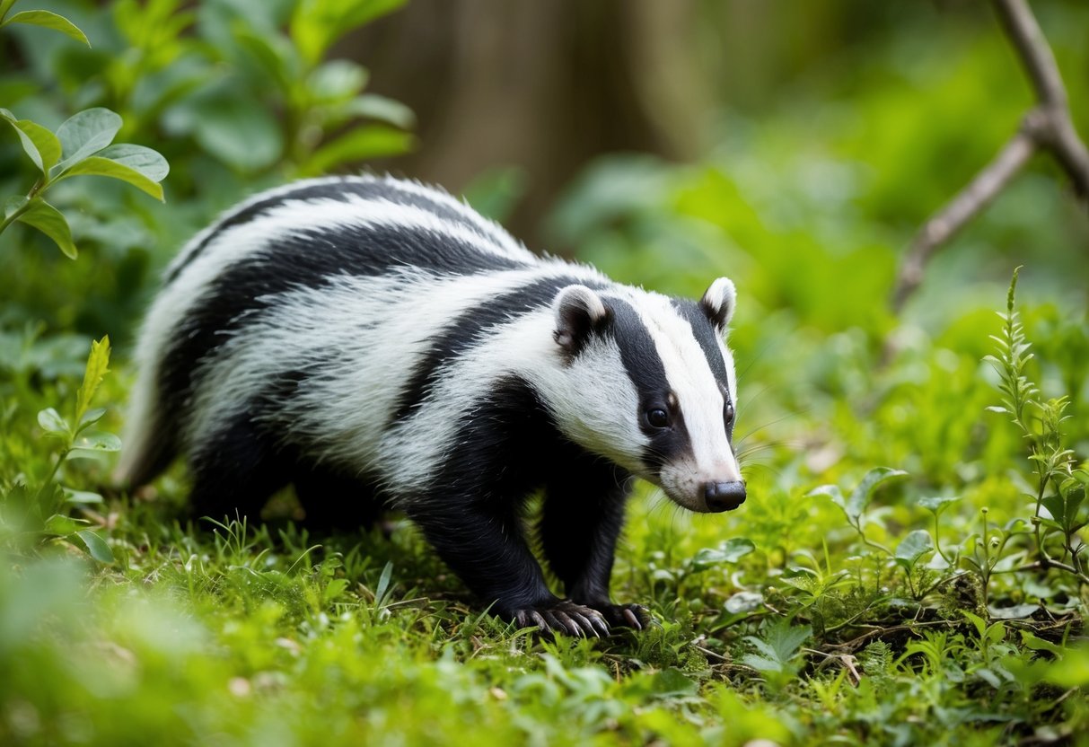 A badger peacefully foraging in a lush woodland, surrounded by greenery and wildlife
