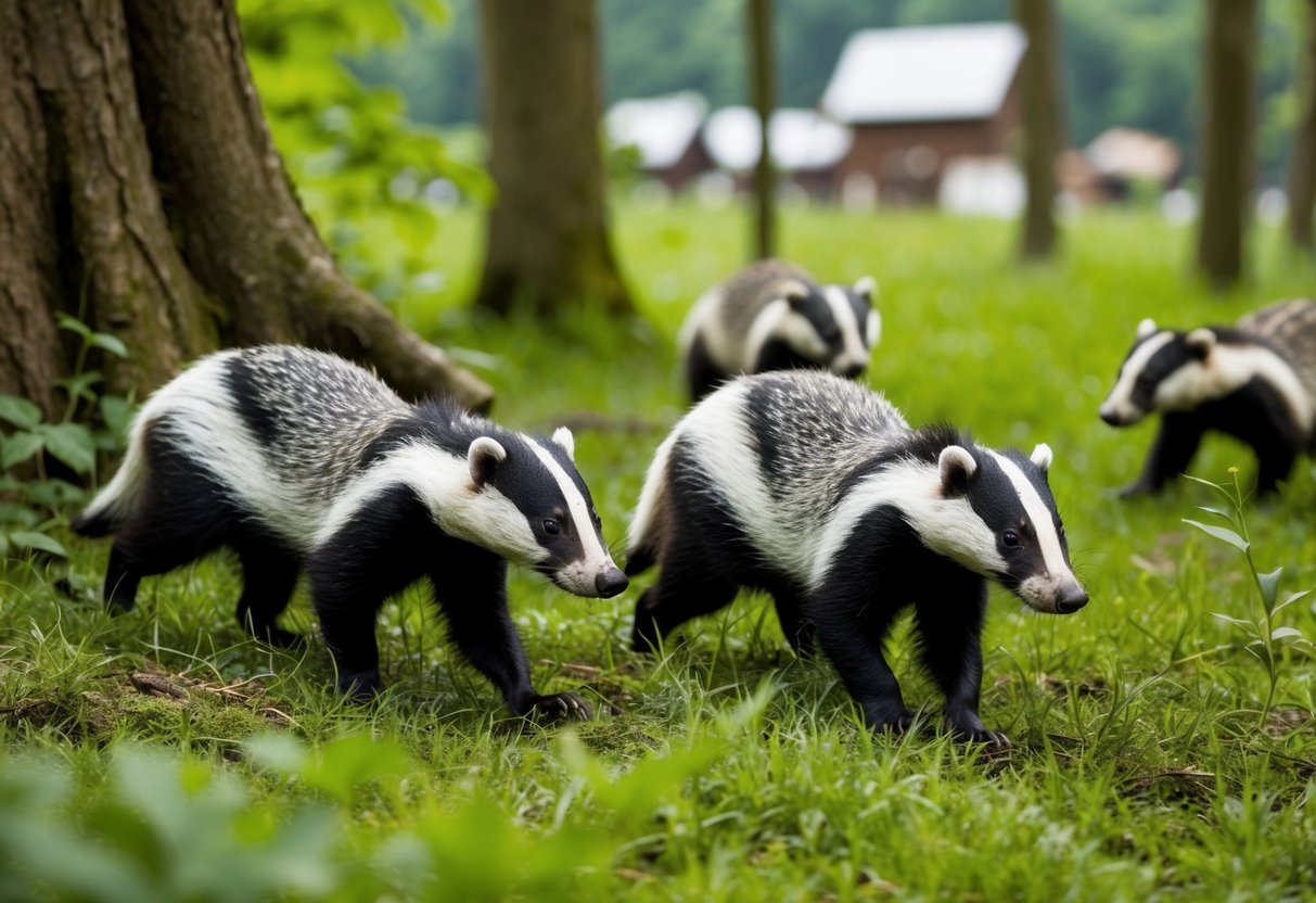 A group of badgers roam through a lush forest, with a mix of trees and underbrush. In the background, a small village is visible, hinting at the potential for disease transmission