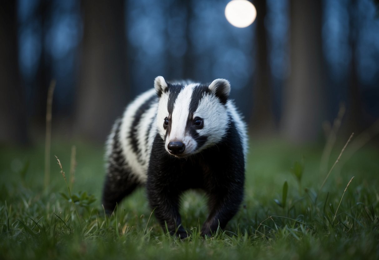 A badger roams through a moonlit forest, its black and white striped face illuminated by the soft glow of the night