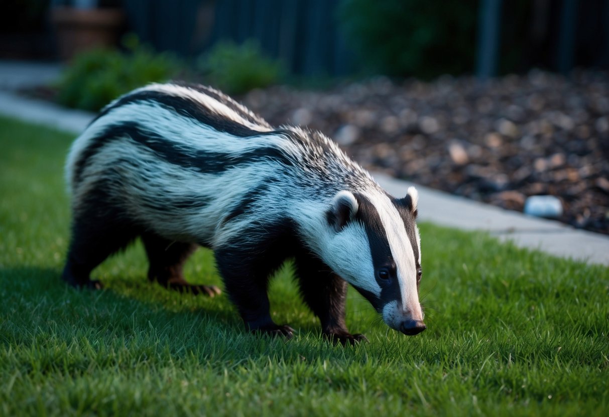 A badger emerges from a forest and cautiously explores a suburban backyard at dusk, drawn to the scent of food waste