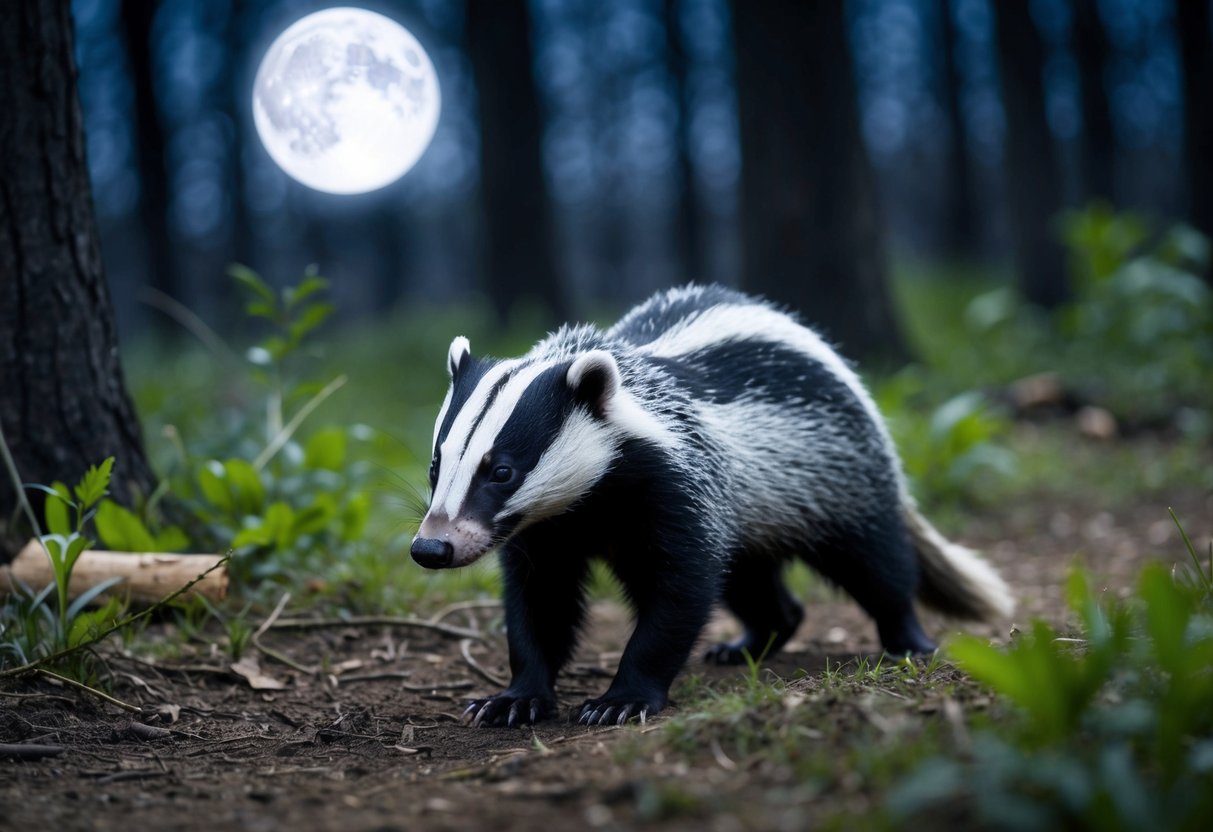 A badger roams through a moonlit forest, snout to the ground, foraging for food. It travels up to 2-3 kilometers in search of insects, small mammals, and plant matter