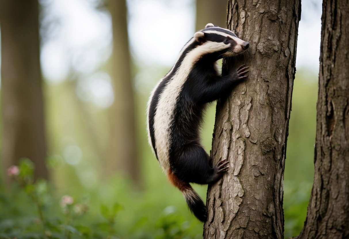 A badger climbs a tree in a UK forest