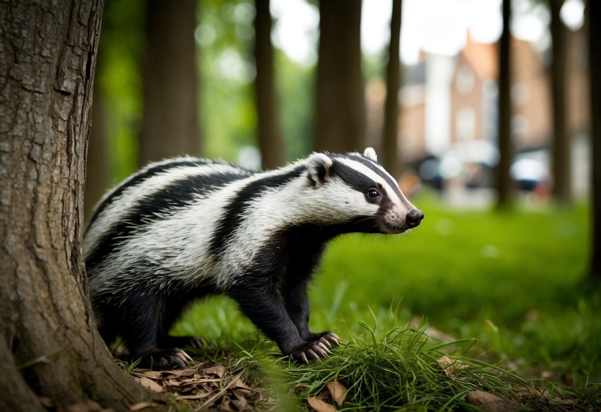 A badger cautiously emerges from a forest, peering at a bustling town with curiosity