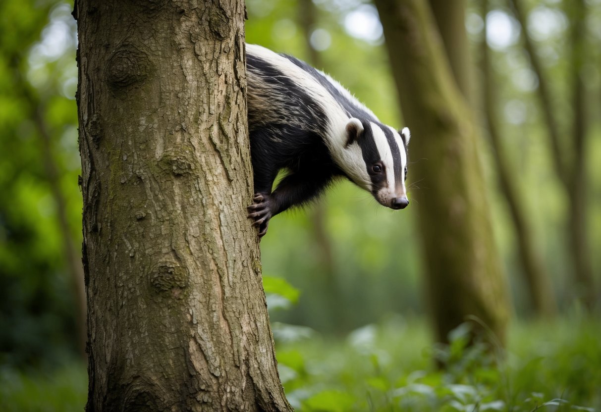 A badger climbs a sturdy tree in a lush UK forest, searching for food or seeking refuge in its natural habitat
