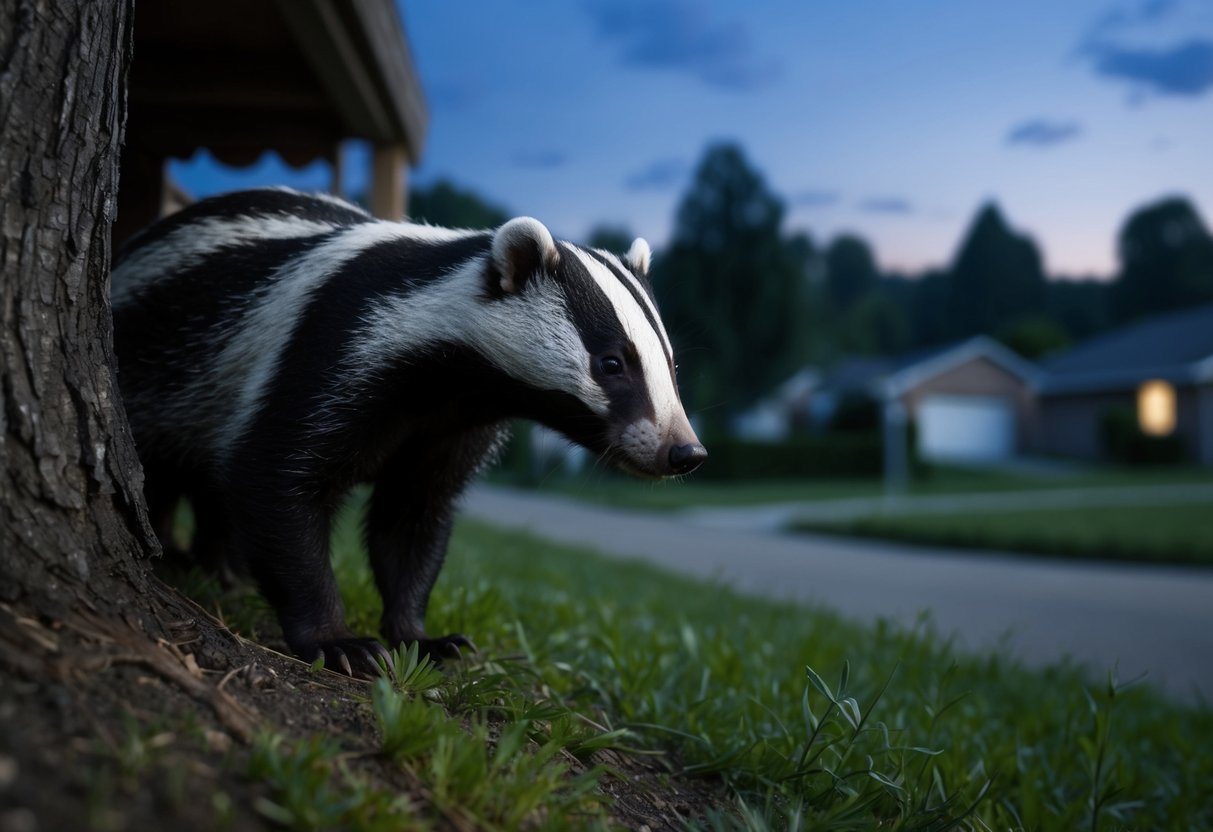 A badger cautiously emerges from a forest edge, peering into a suburban neighborhood at dusk