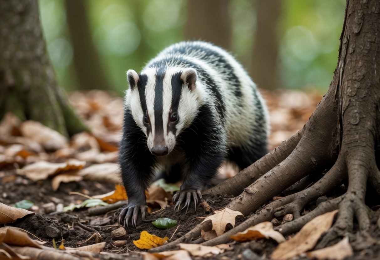 A badger foraging for food in a woodland, digging for grubs and insects, surrounded by fallen leaves and tree roots