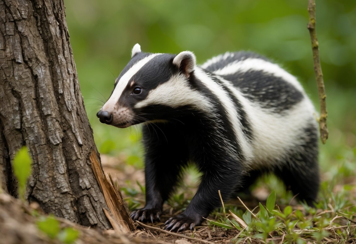 A badger emerges from its burrow, sniffs the air, and scratches a tree trunk before disappearing into the underbrush