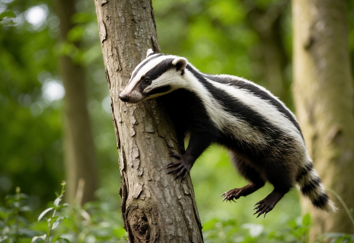 A badger cautiously climbs a sturdy tree in a lush UK forest, its sleek fur blending with the bark as it seeks safety and solitude