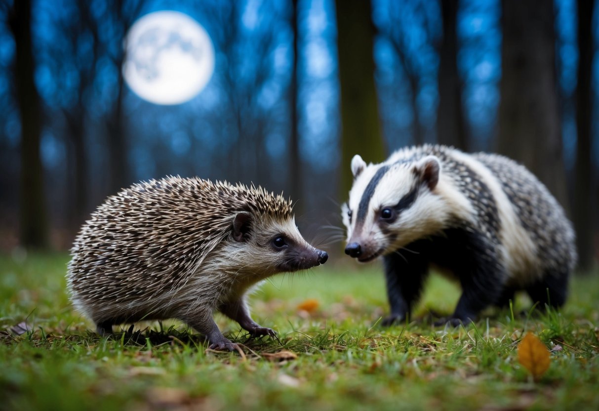A hedgehog scurries away from a lurking badger in the moonlit forest