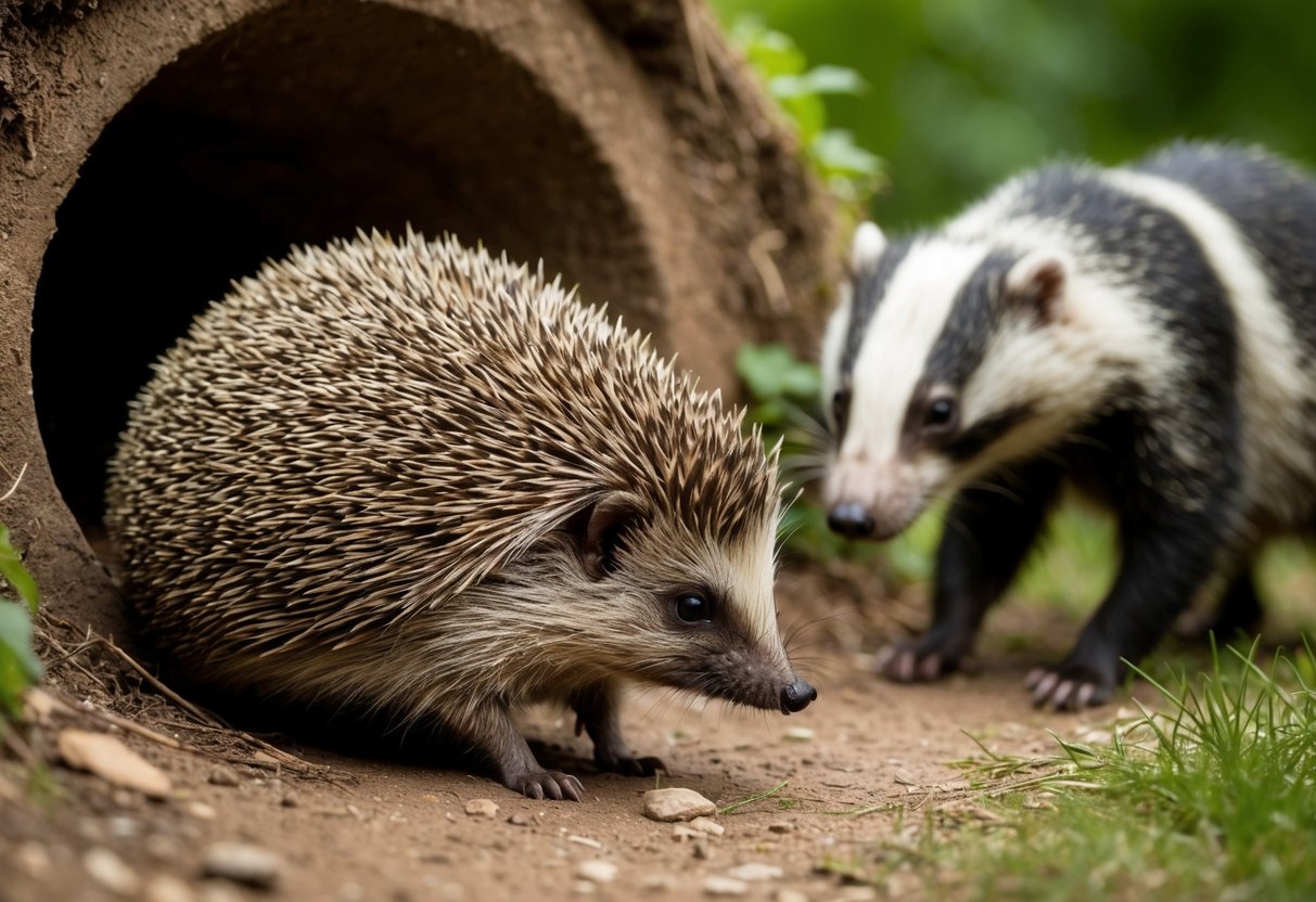 A hedgehog curls into a tight ball, quills raised, as a menacing badger sniffs around the burrow entrance