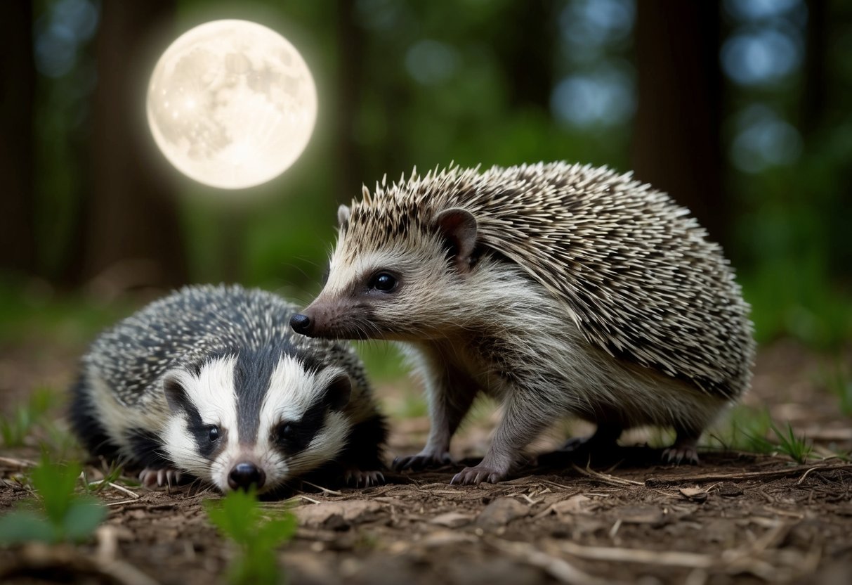 A hedgehog cautiously navigates around a sleeping badger in a moonlit forest clearing