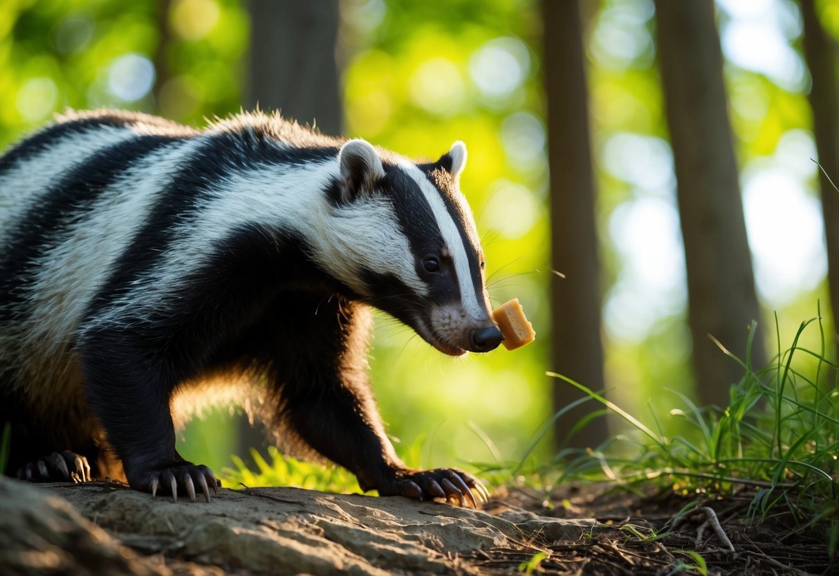 A badger cautiously sniffs a proffered treat, its sharp claws and thick fur illuminated by dappled sunlight filtering through the forest canopy