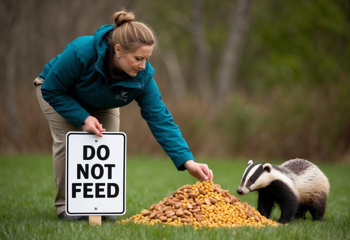 A person placing a "Do Not Feed" sign next to a pile of food while a badger looks on curiously