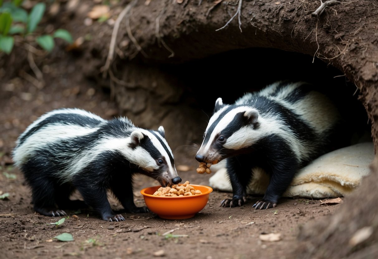 A badger approaches a bowl of food, cautiously sniffing before tentatively taking a bite. Nearby, a cozy den is nestled into the earth, with soft bedding inside