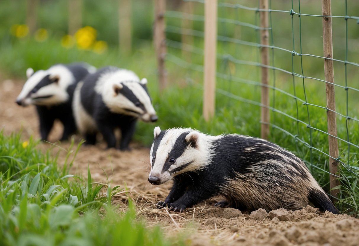 Farmers set up traps near badger burrows. They use deterrents like fencing and noise to keep badgers away from crops and livestock