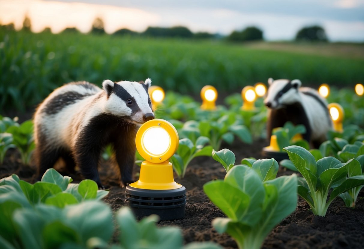 A farmer sets up a humane badger deterrent around their crops, using bright lights and loud noises to discourage the animals from entering the area