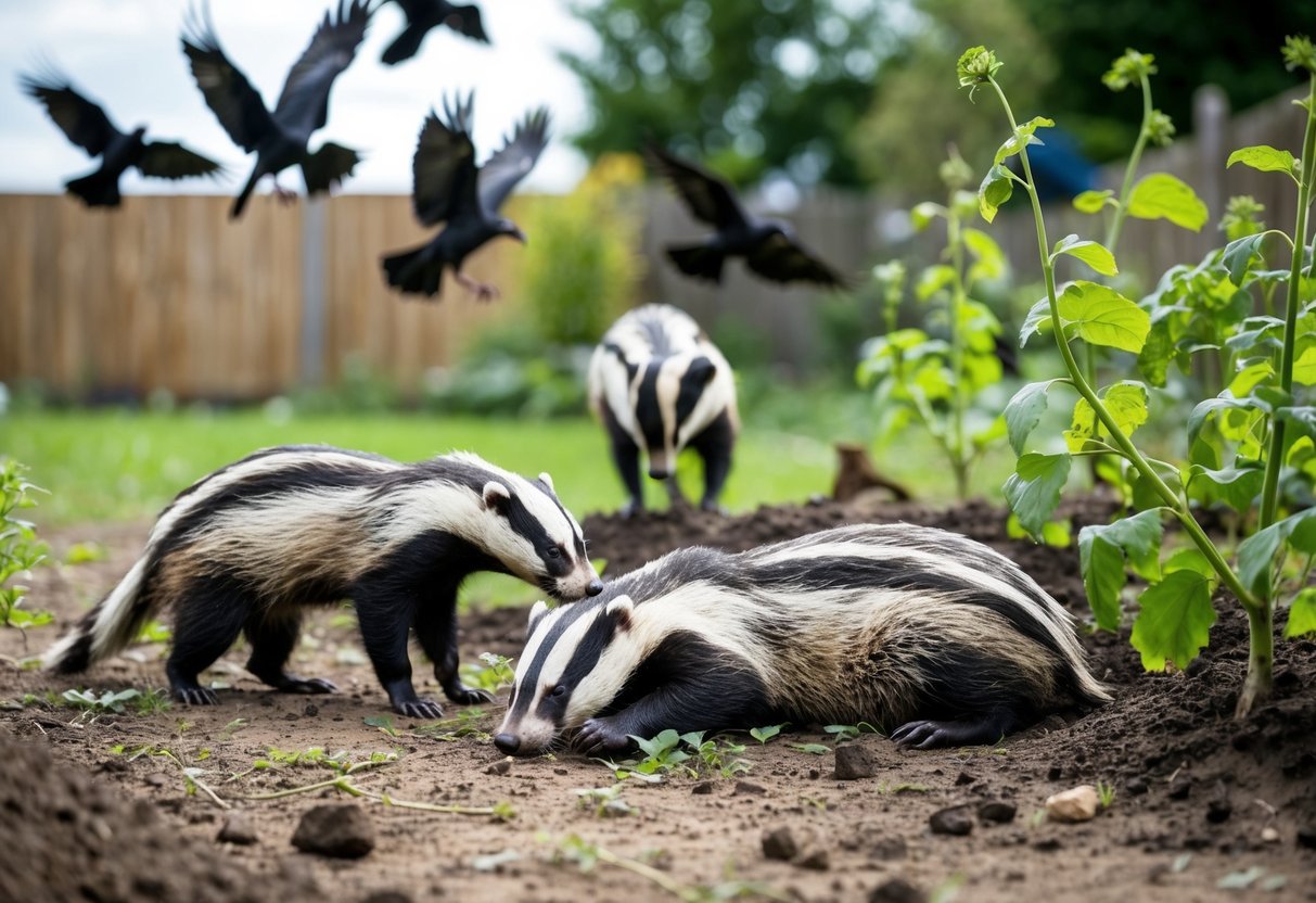 A dead badger lies in the garden, surrounded by scattered dirt and upturned plants. Two live badgers cautiously sniff at the remains, while a flock of crows circles overhead