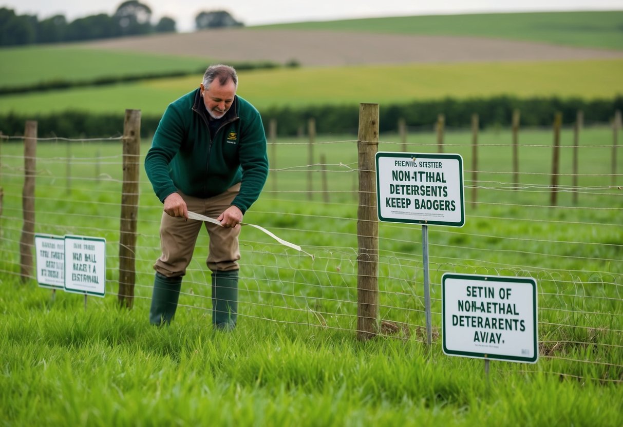 A farmer setting up a sturdy fence around their fields, with signs indicating the use of non-lethal deterrents to keep badgers away