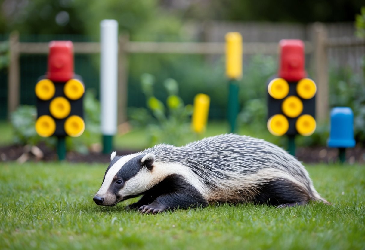 A dead badger lying in a garden surrounded by deterrents such as fences, lights, and noise-making devices