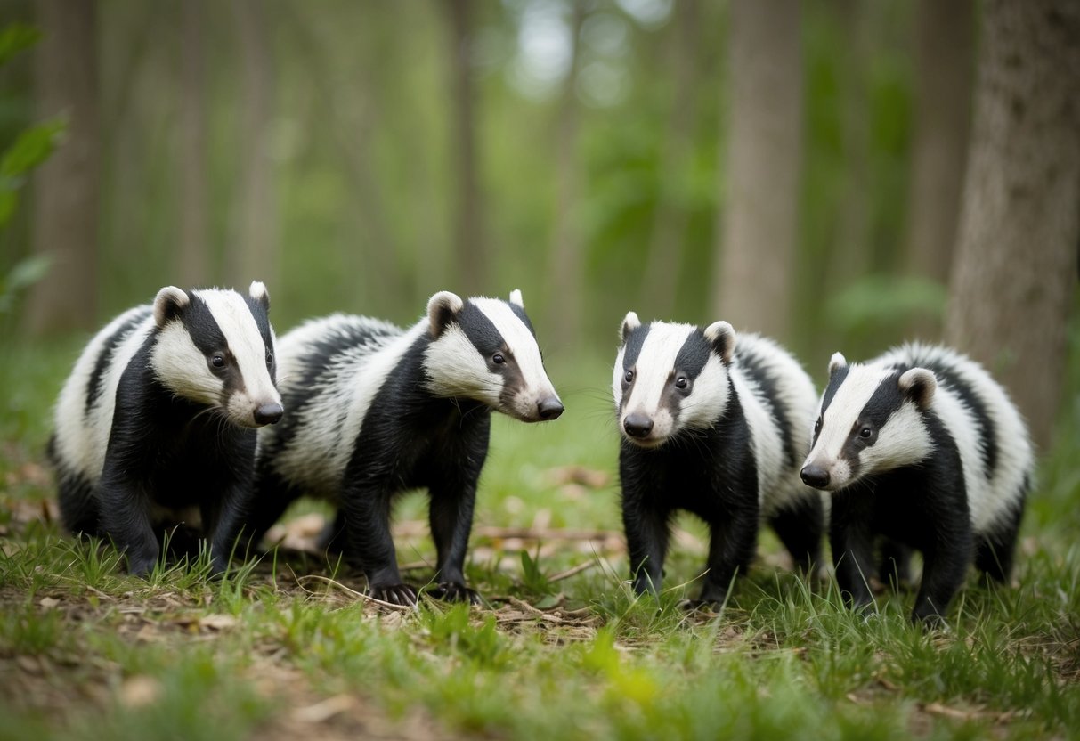 A group of badgers in a forest, some looking healthy while others appear sickly, with a few displaying signs of tuberculosis