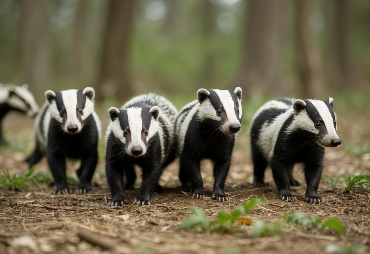 A group of badgers in a forest clearing, some showing signs of illness, while others appear healthy