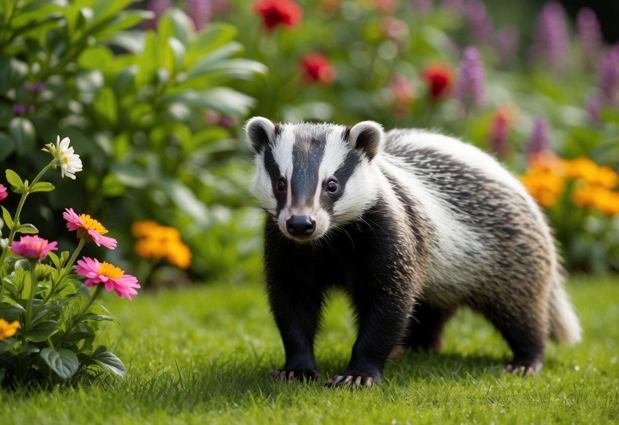 A badger stands in a lush garden, surrounded by flowers and foliage