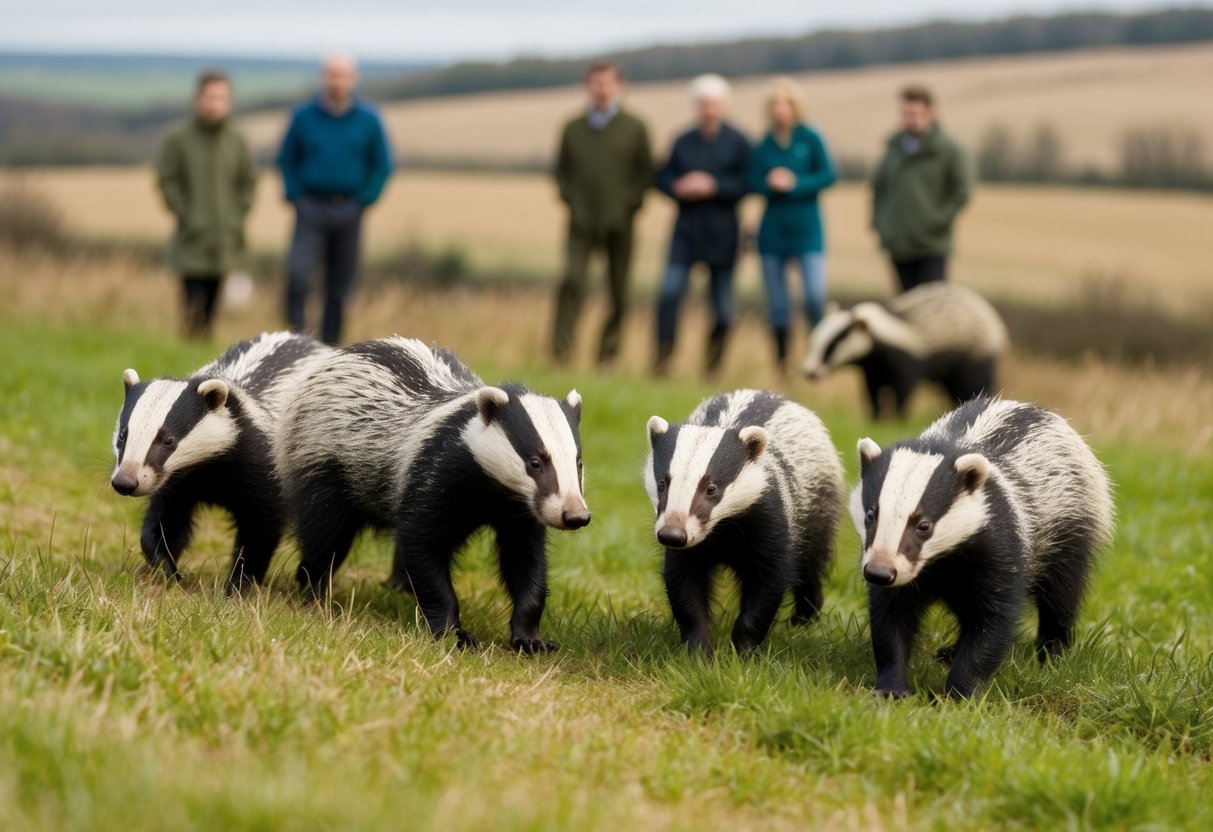 A group of badgers roam through a rural UK landscape, some showing signs of TB infection. Scientists observe and discuss control strategies