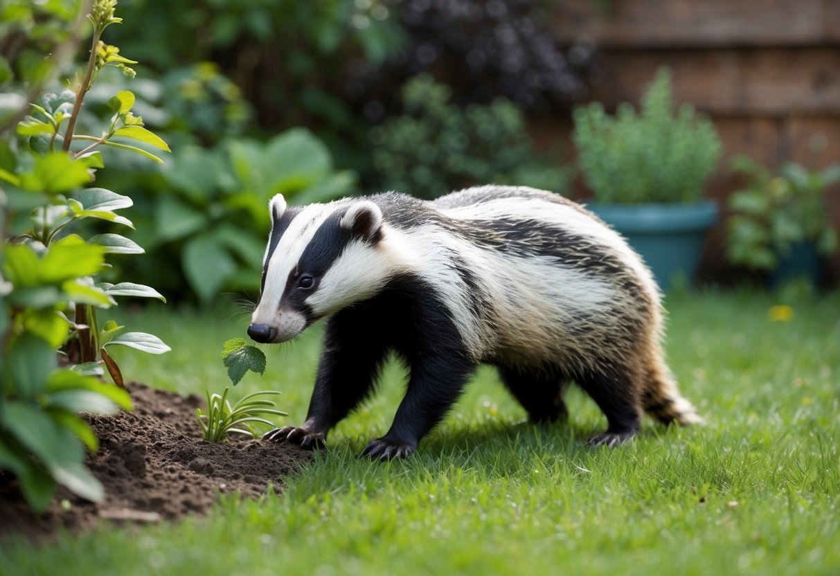 A badger foraging in a garden, surrounded by lush greenery and earthy tones