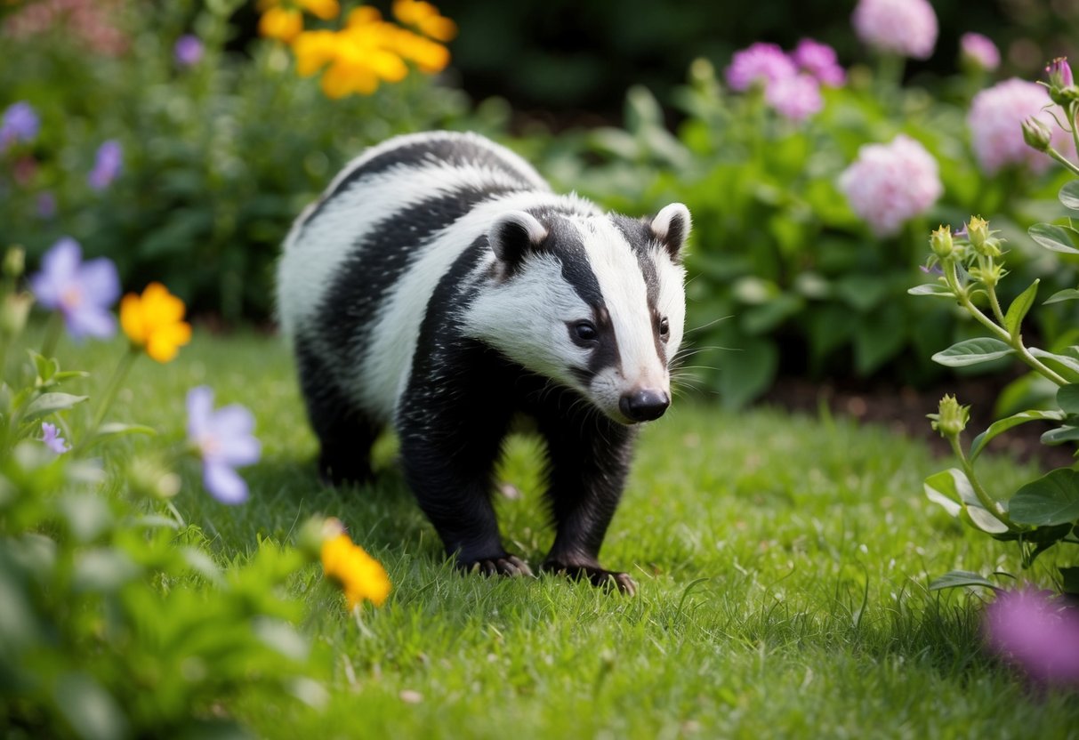A badger peacefully foraging in a lush garden, surrounded by blooming flowers and vibrant greenery