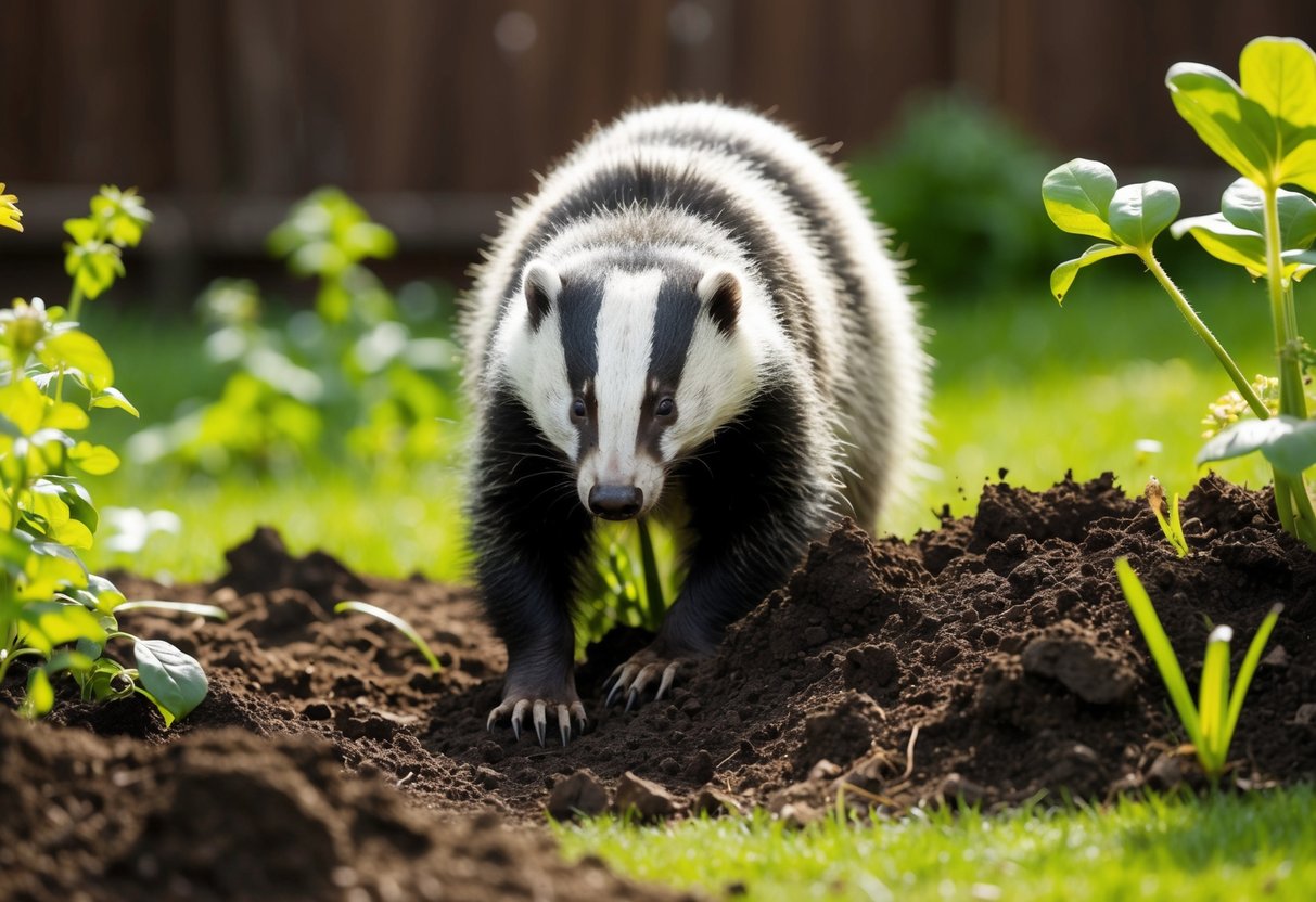 A badger digging up a garden, surrounded by overturned soil and damaged plants