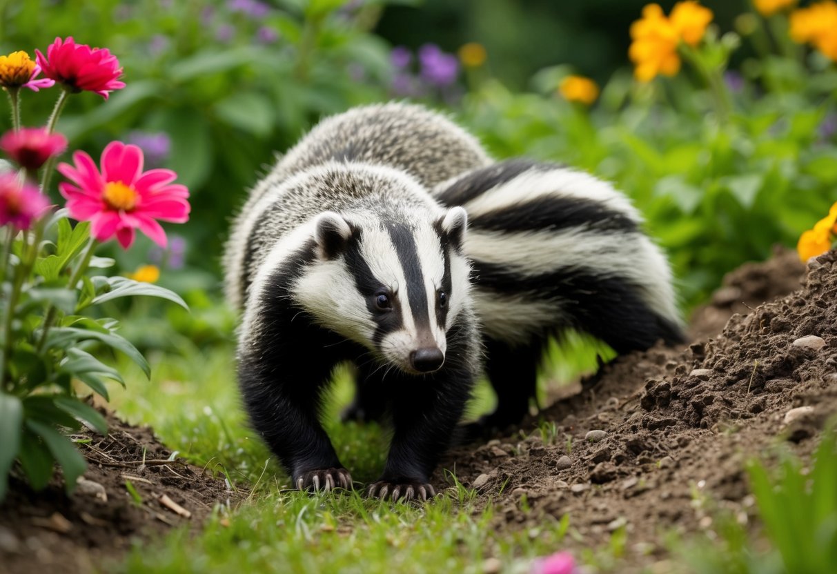 A garden with a burrow, flowers, and a badger cautiously exploring