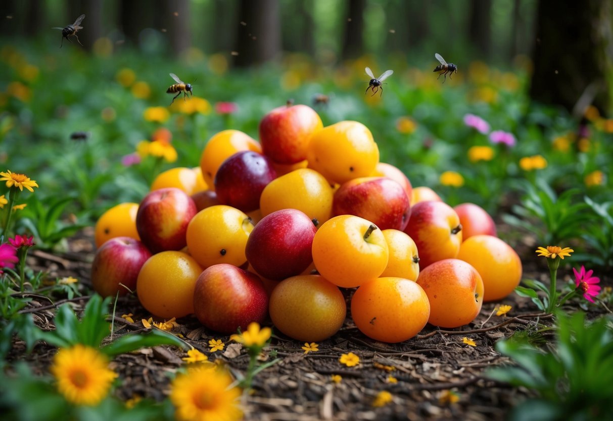 A pile of ripe, sweet fruits scattered on the forest floor, surrounded by colorful wildflowers and buzzing insects