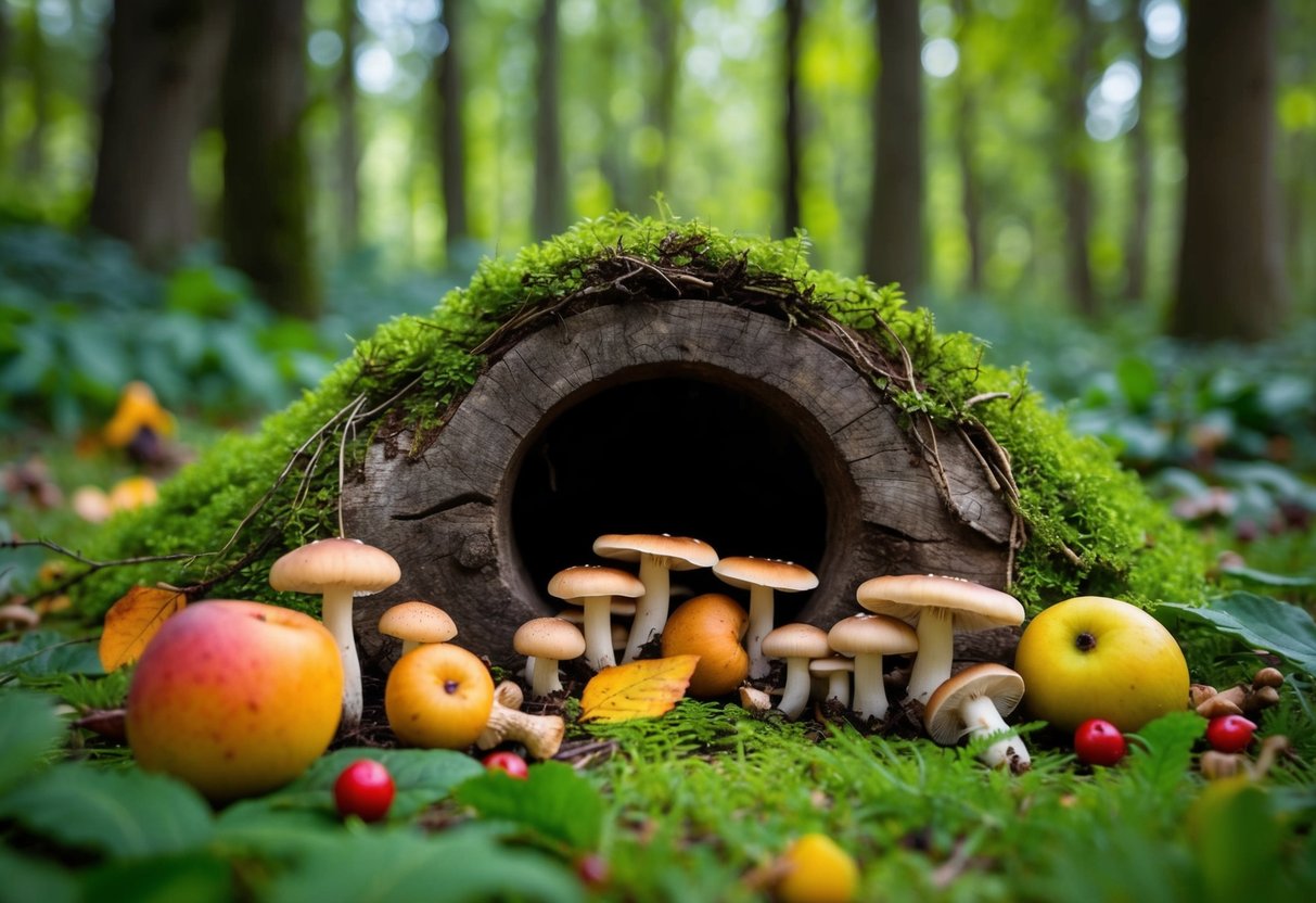 A lush forest clearing with a burrow entrance surrounded by foraged mushrooms, berries, and fallen fruit