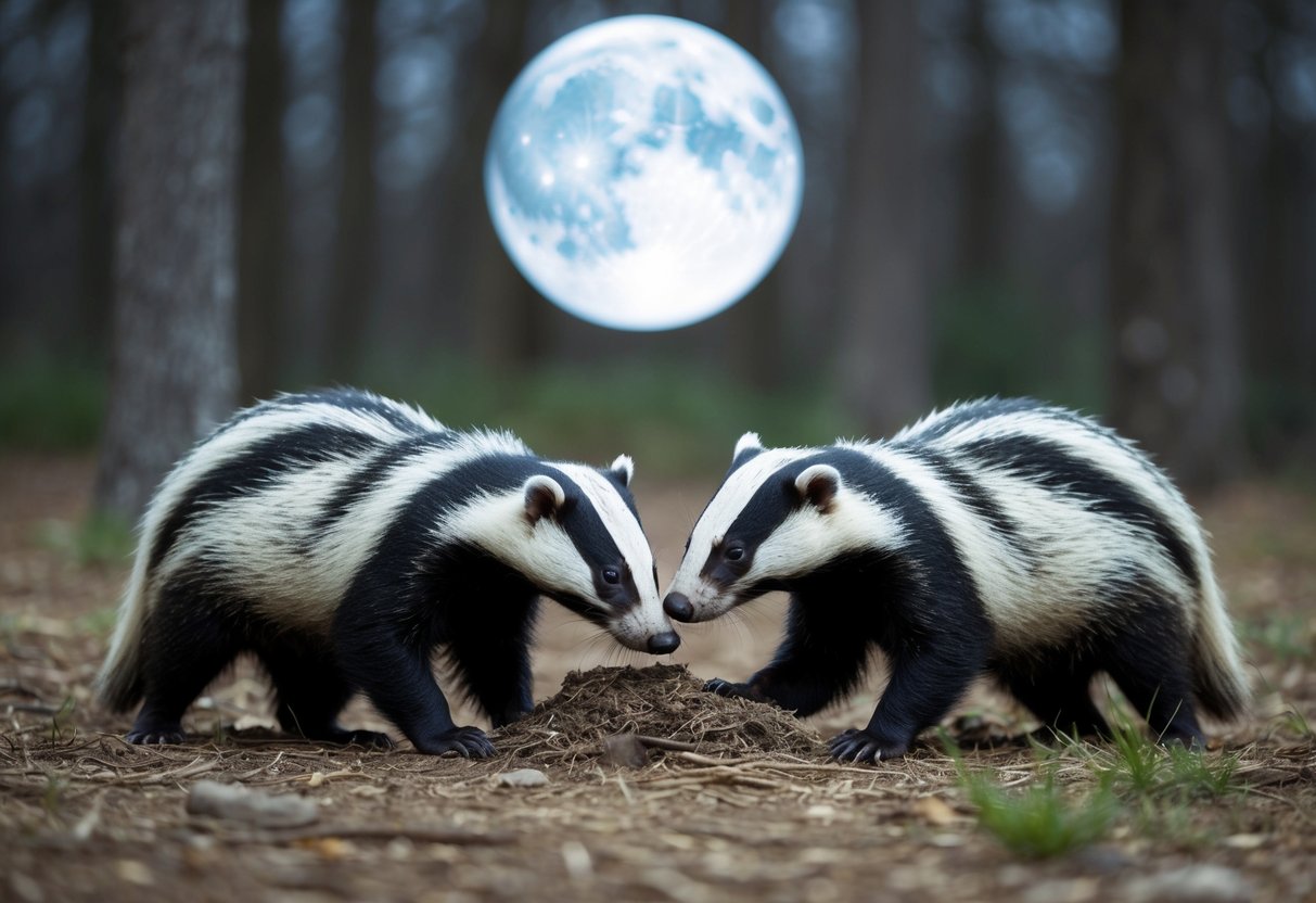 A family of badgers foraging for food in a moonlit forest clearing, attracted by the scent of insects and small mammals