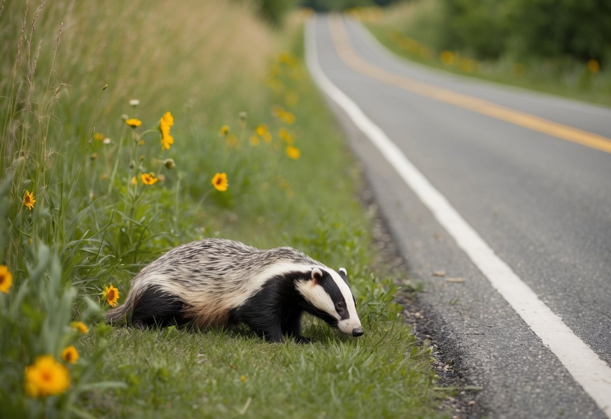 A dead badger lies on the side of a rural road, surrounded by tall grass and wildflowers
