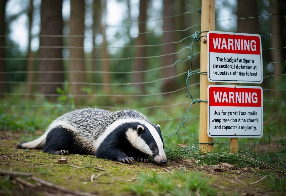 A dead badger lies at the edge of a forest, surrounded by protective fencing and warning signs