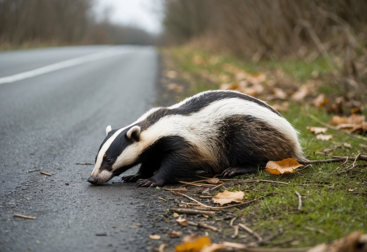 A dead badger lies on the side of a rural road, surrounded by scattered leaves and twigs. The animal appears to have been hit by a passing vehicle