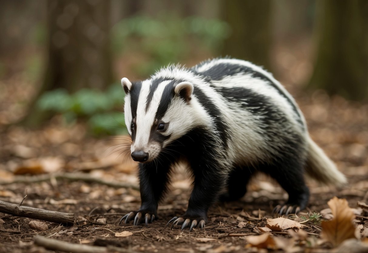 A badger cautiously sniffs the ground, its sharp claws and fur visible as it forages for food in a wooded area