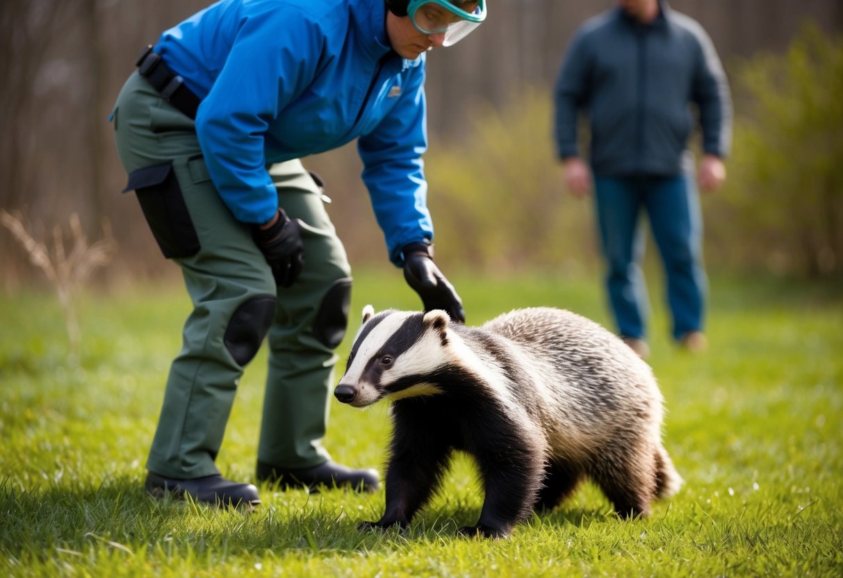 A person wearing protective gear cautiously approaches a badger, while another person observes from a safe distance
