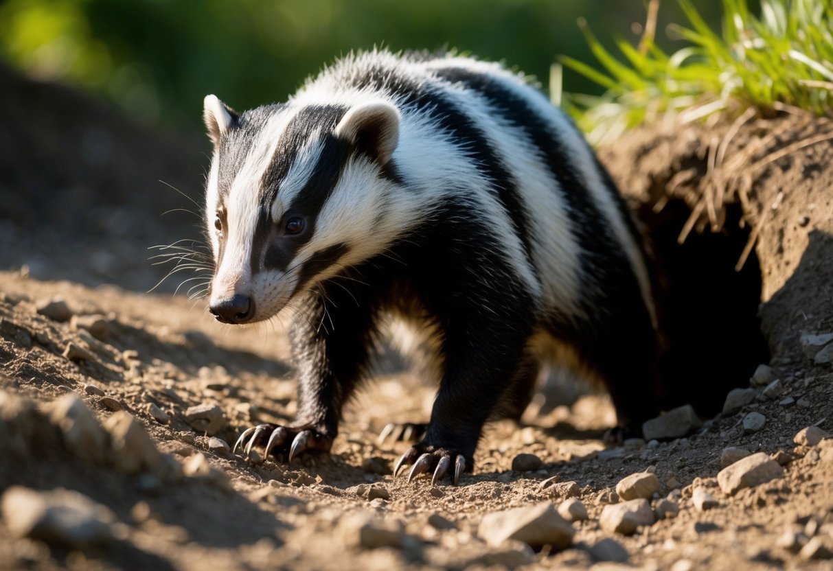 A badger emerges from a burrow, its black and white fur glistening in the sunlight. It sniffs the air, its sharp claws digging into the earth as it searches for food