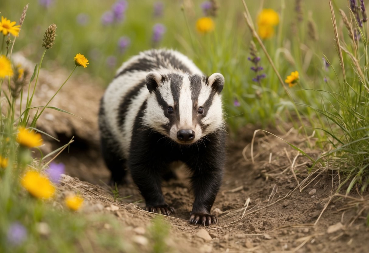 A badger emerges from its burrow, blinking in the daylight, surrounded by tall grass and wildflowers