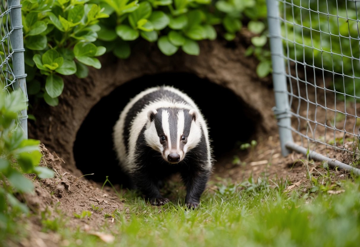 A badger cautiously emerges from its burrow, surrounded by lush greenery and protected by a fence