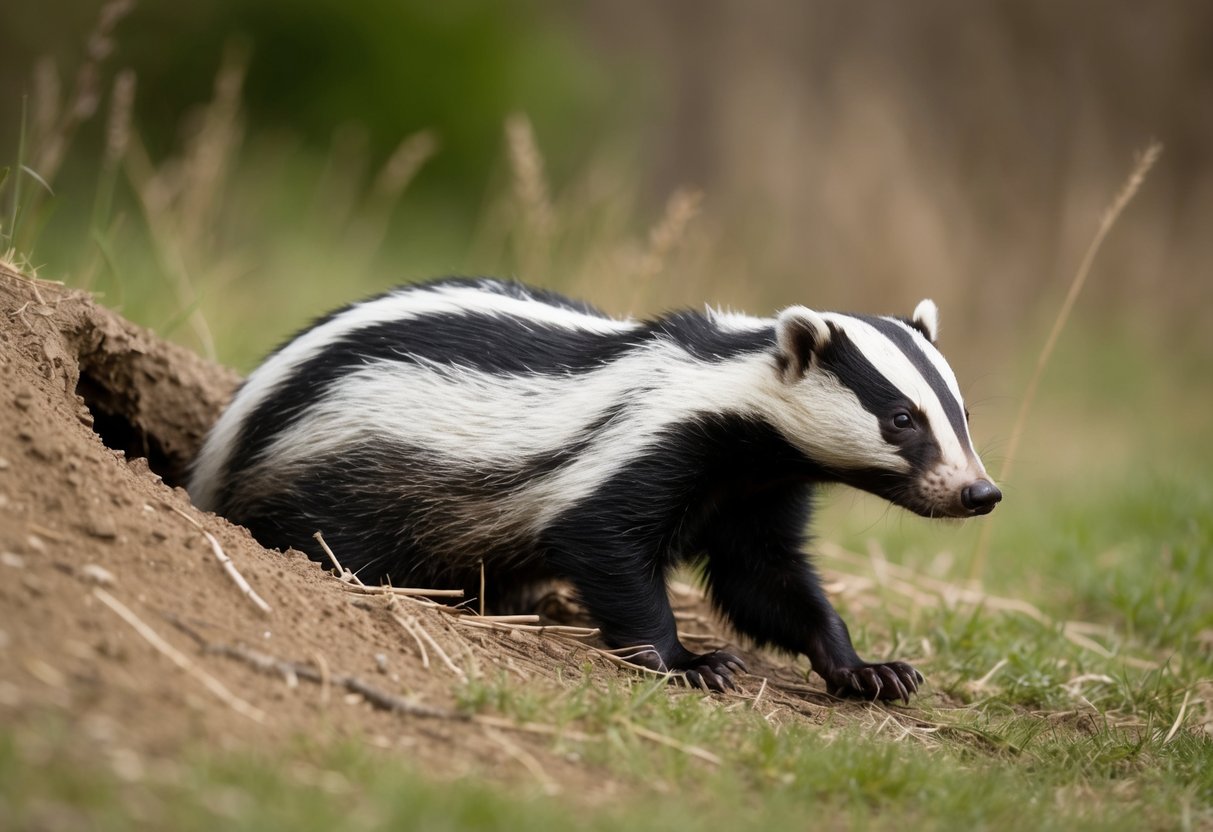 A badger emerges from its burrow, sniffing the air and scanning its surroundings for potential threats or food sources