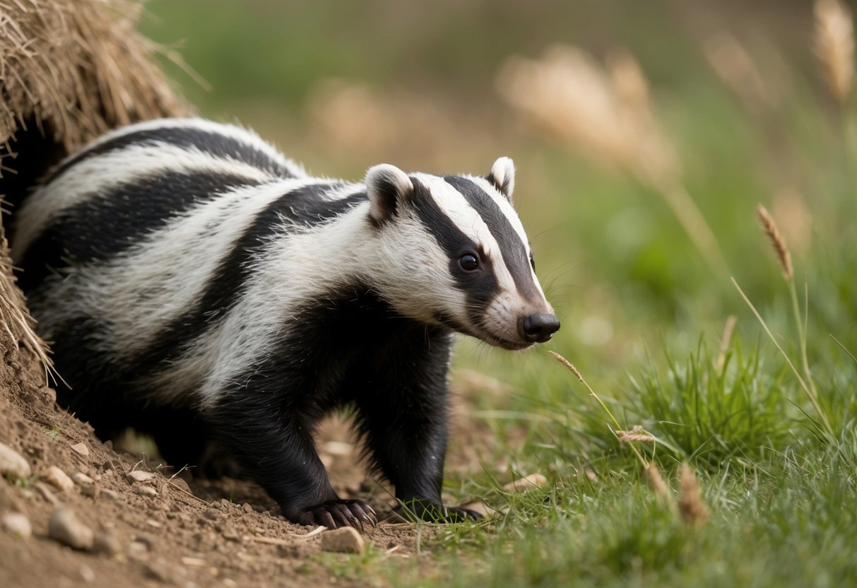 A badger emerges from its burrow, foraging for food in the daylight, sniffing the air and scanning the surroundings for potential prey