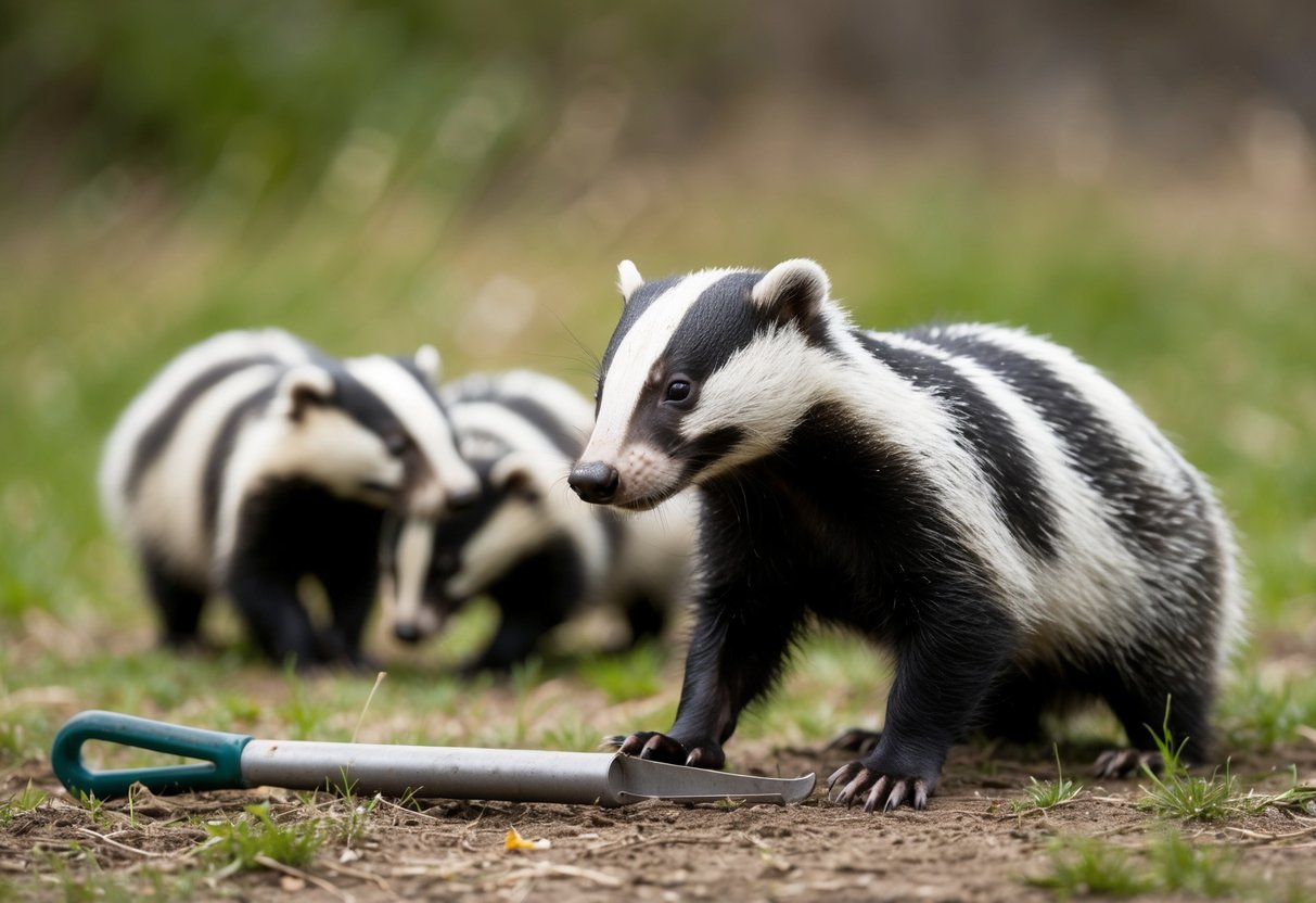 A badger cautiously sniffs at a foraging tool left by a human, while a pair of badgers playfully tussle in the background