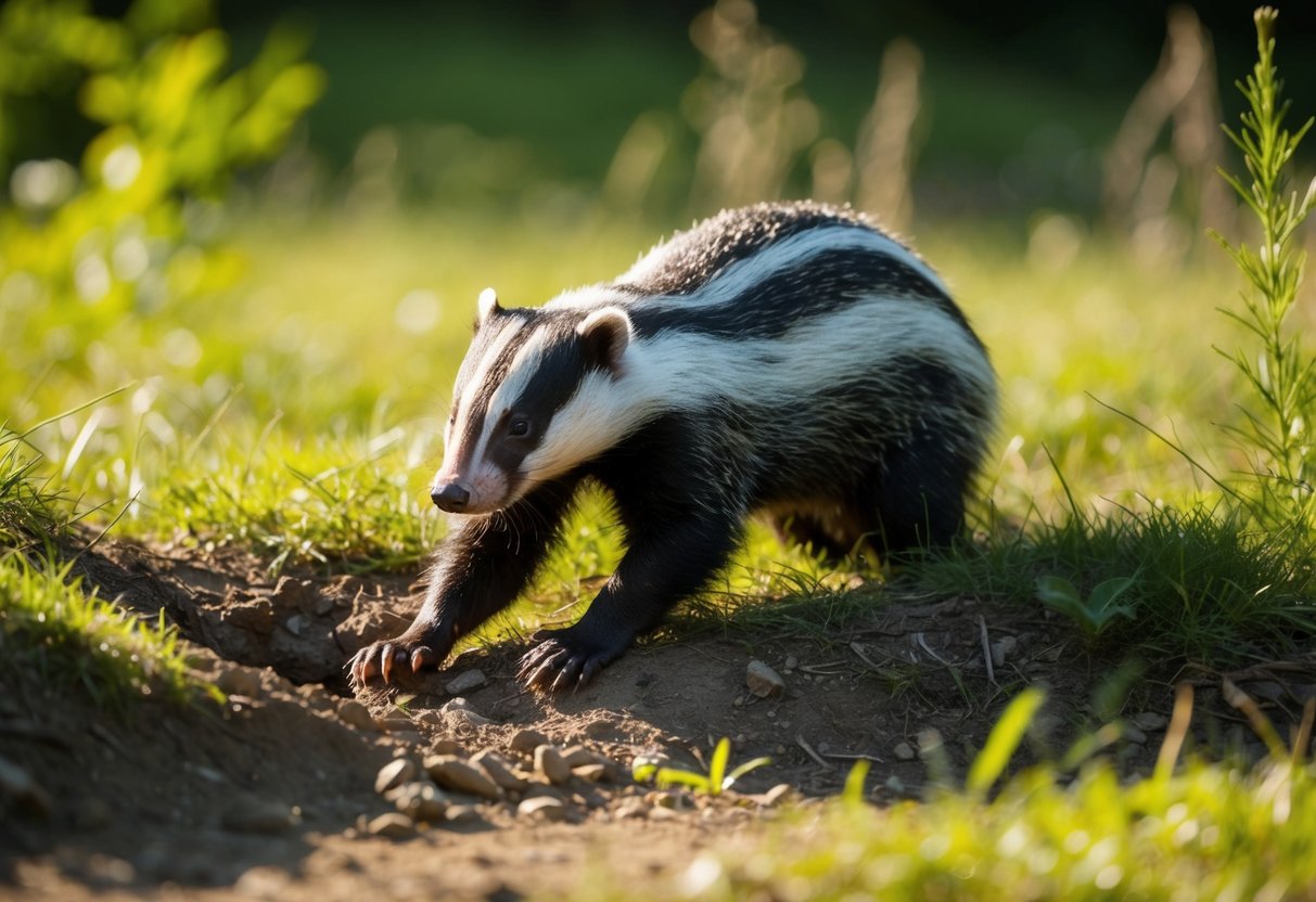 A badger emerges from its burrow in a sunlit forest clearing, foraging for food in the daytime